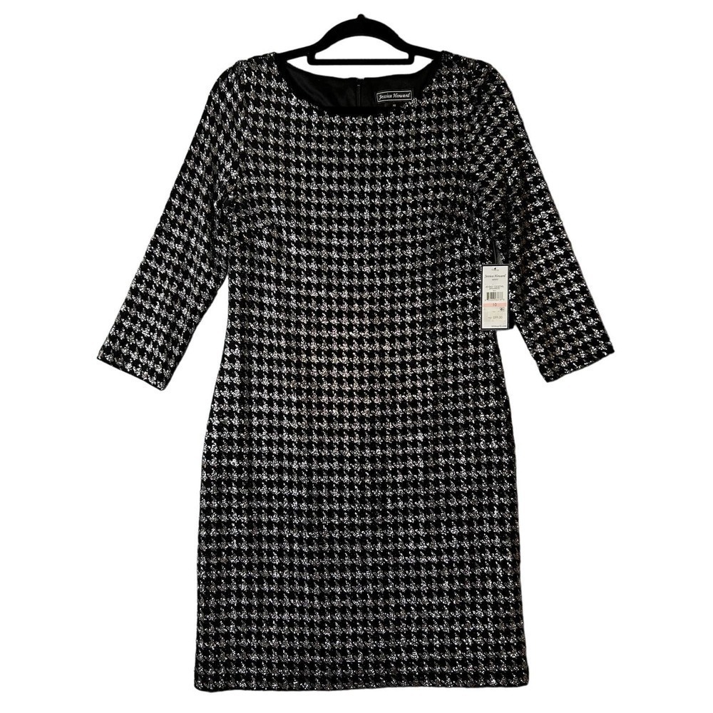 Jessica Howard Dress Womens‎ 10 Black Houndstooth Glitter Knit Shift Dress NEW